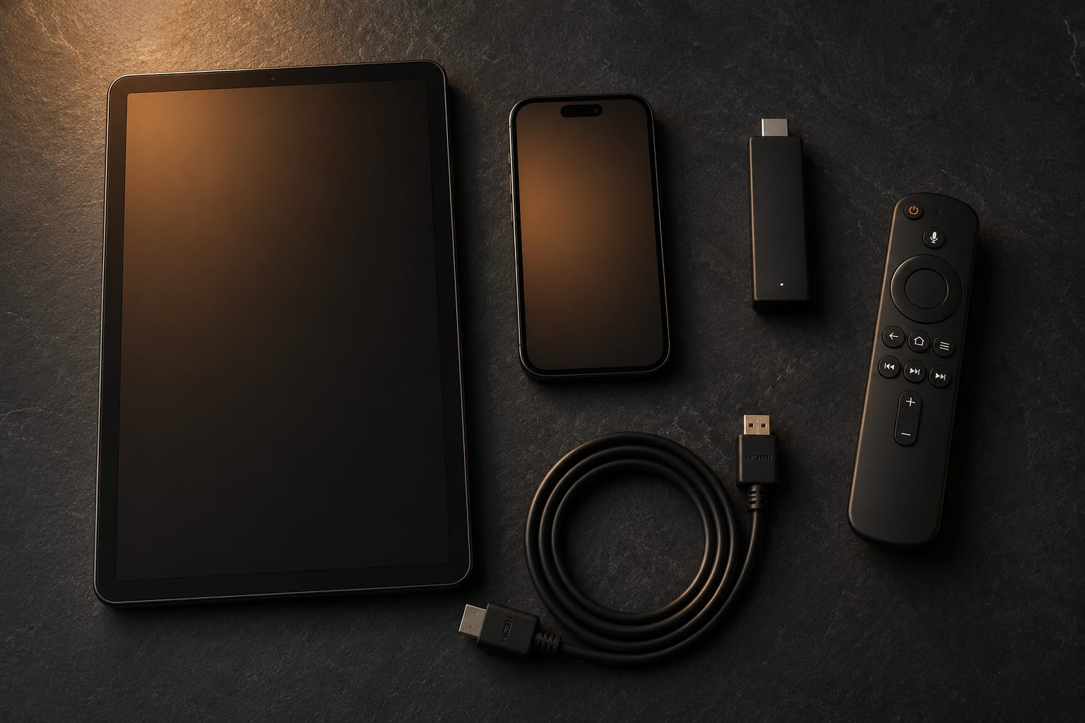 Overhead flat lay of a tablet, phone, streaming stick, remote control and HDMI cable on a dark surface